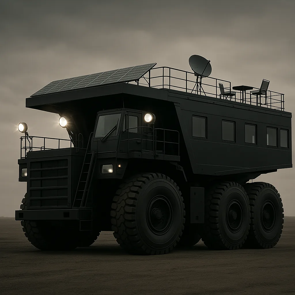 A TITAN RV at dusk, solar array deployed, satellite dish raised