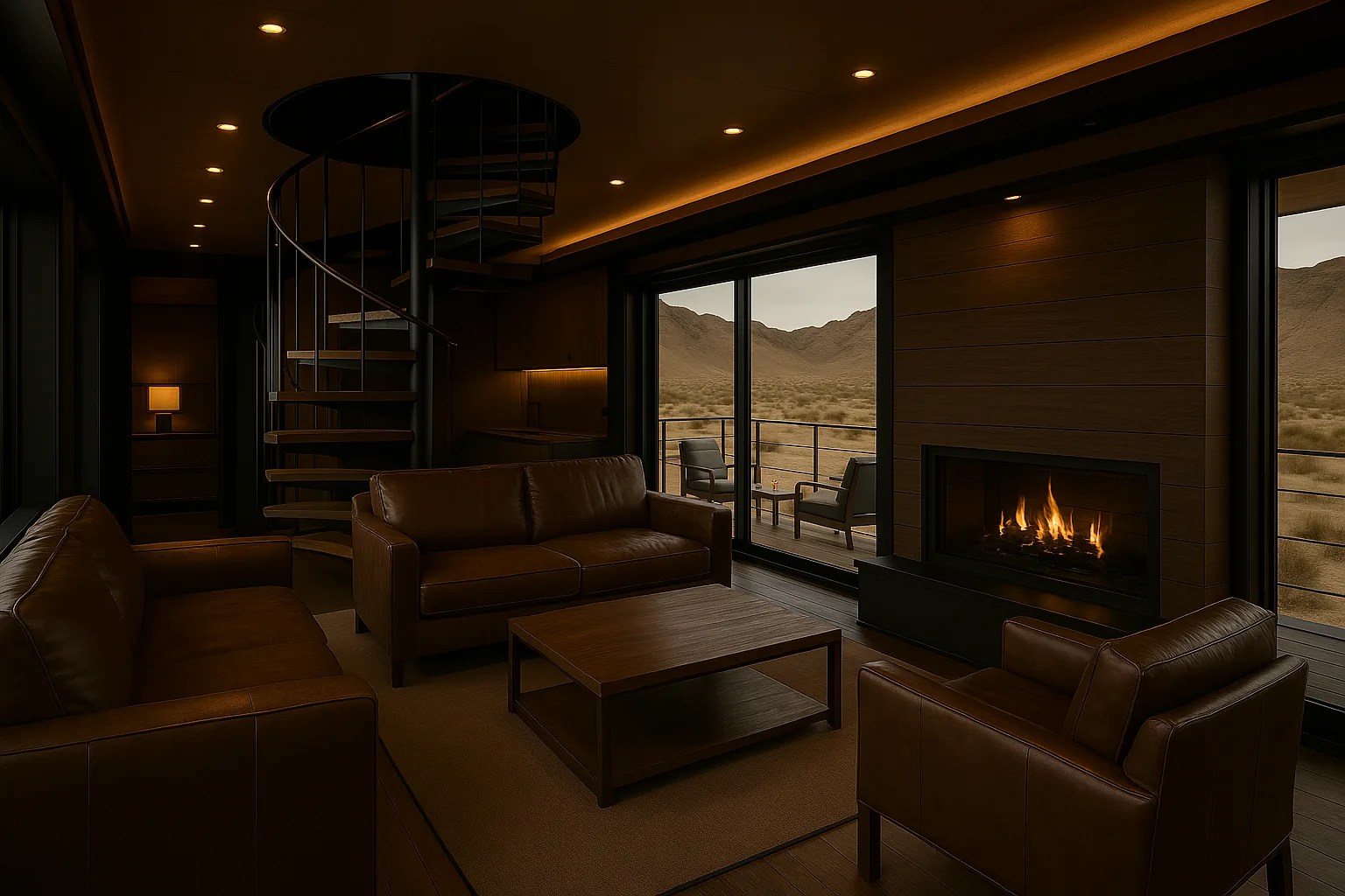 Pioneer interior: leather seating, fireplace, spiral stair to the observation deck