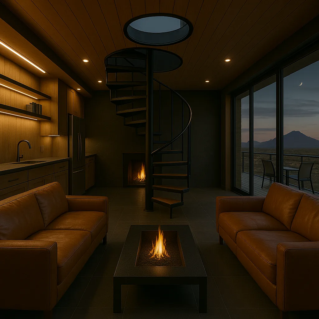 Living room with fire table and skylight