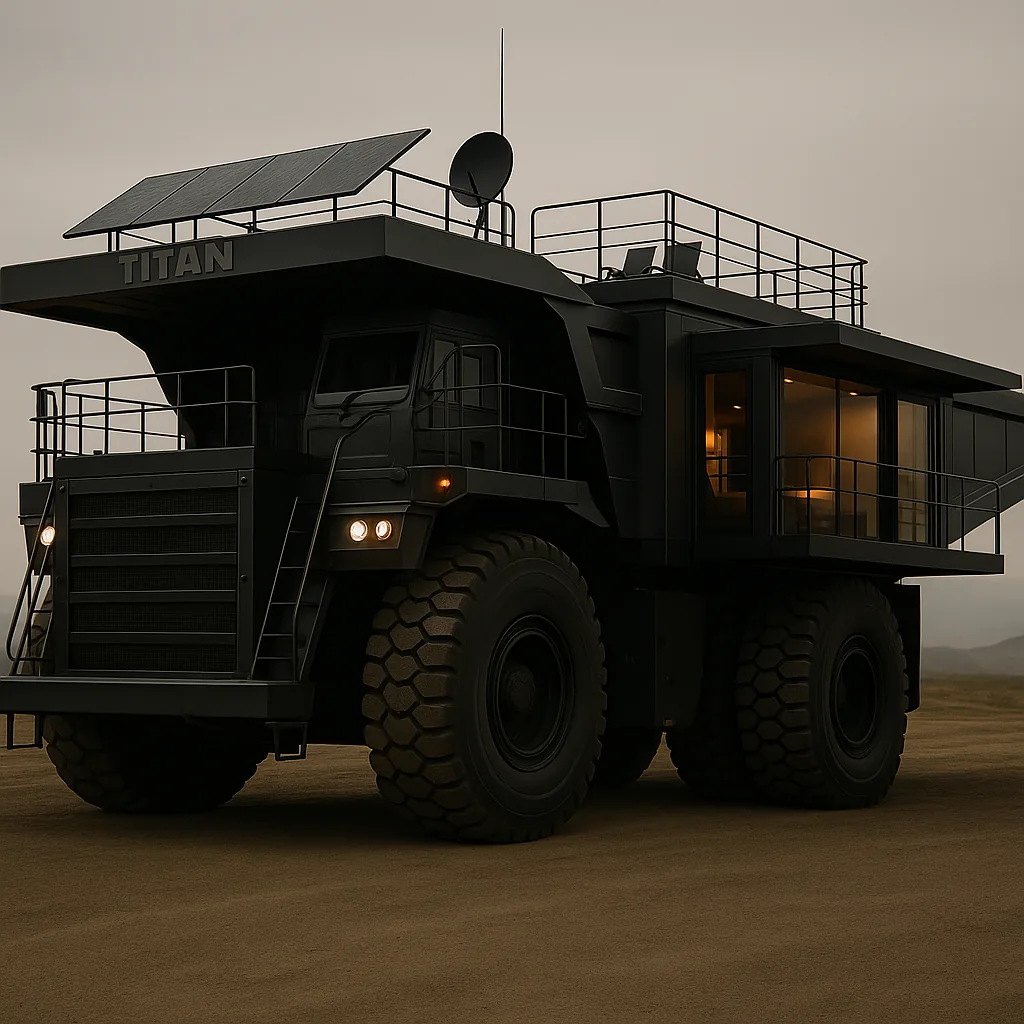 TITAN RV Pioneer Series: a matte-black converted Caterpillar 793F with roof solar array
